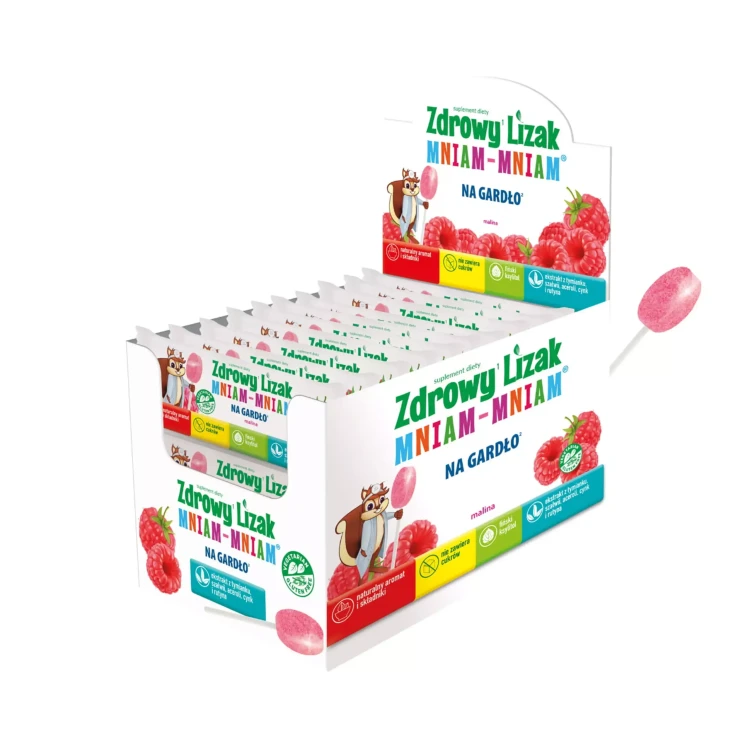 Zdrowy lizak bez cukru o smaku maliny na gardło 40 sztuk Mniam-Mniam.webp