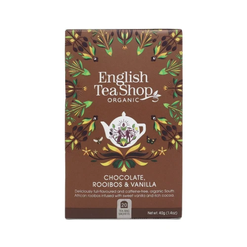 Ekologiczna herbatka ziołowa rooibos z ziarnami kakaowca i laskami wanilii English Tea Shop.webp
