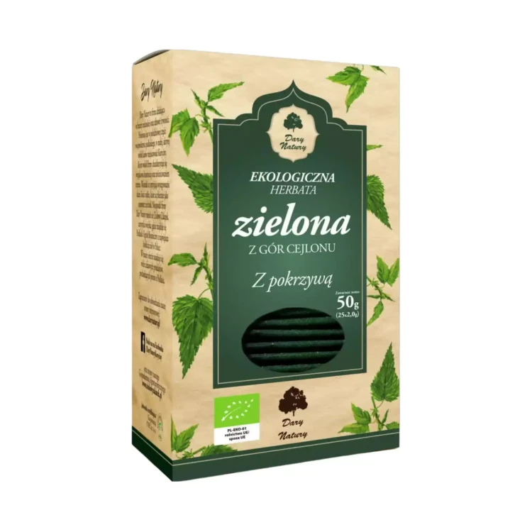 Herbatka ekologiczna Zielona z pokrzywą saszetki 50g Dary Natury .webp