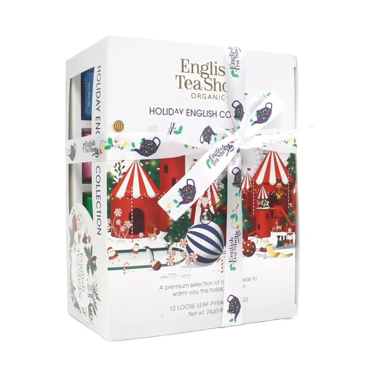 Świąteczny zestaw herbat ekologicznych w piramidkach English Tea Shop (biały).webp