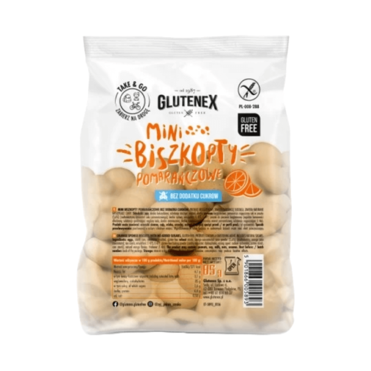 Bezglutenowe biszkopty MINI pomarańczowe bez dodatku cukru 85g Glutenex.png