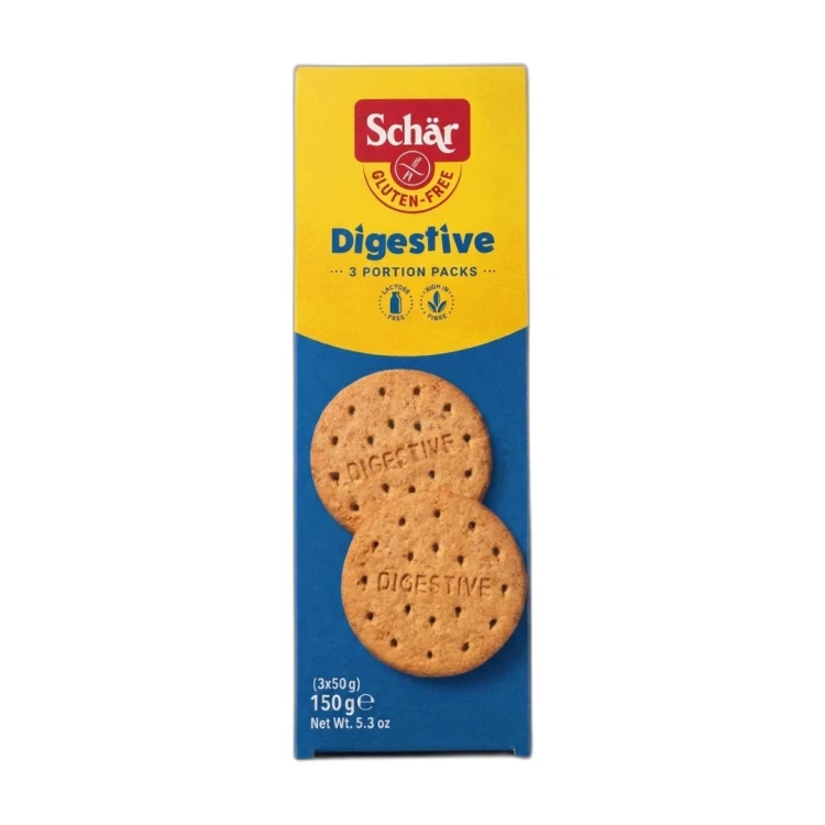 Opakowanie bezglutenowych ciastek Digestive Schar 150 g na jasnym tle