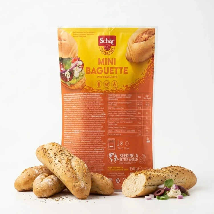 Mini Baguette, mini bagietki (2x75g) 150g Schar — opakowanie z wysypaną zawartością