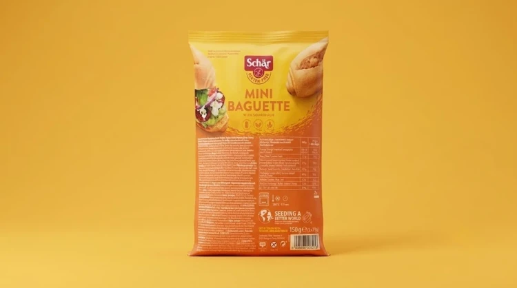 Mini Baguette, mini bagietki (2x75g) 150g Schar — opakowanie na tle w kolorze produktu
