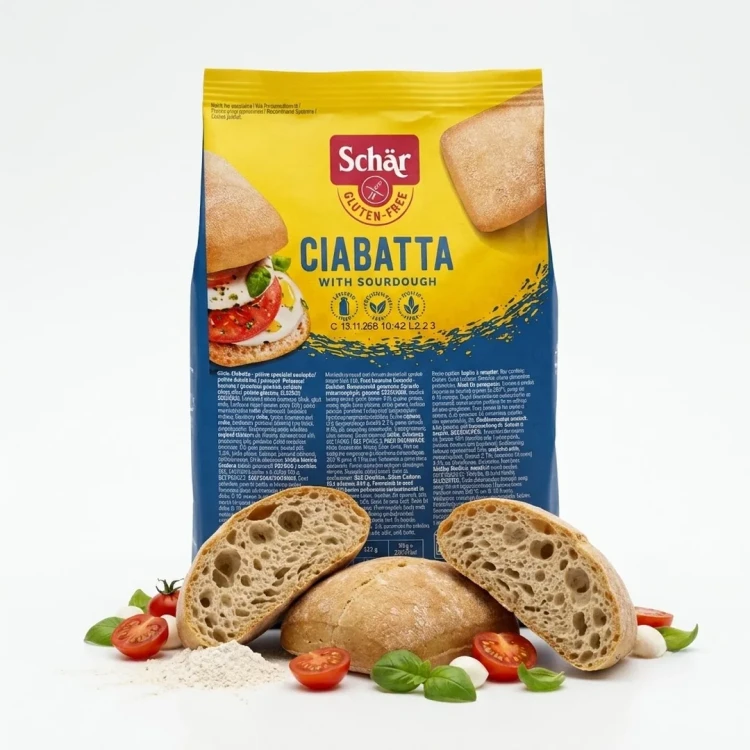 Ciabatta (4x50g) 200g Schar — opakowanie z wysypaną zawartością