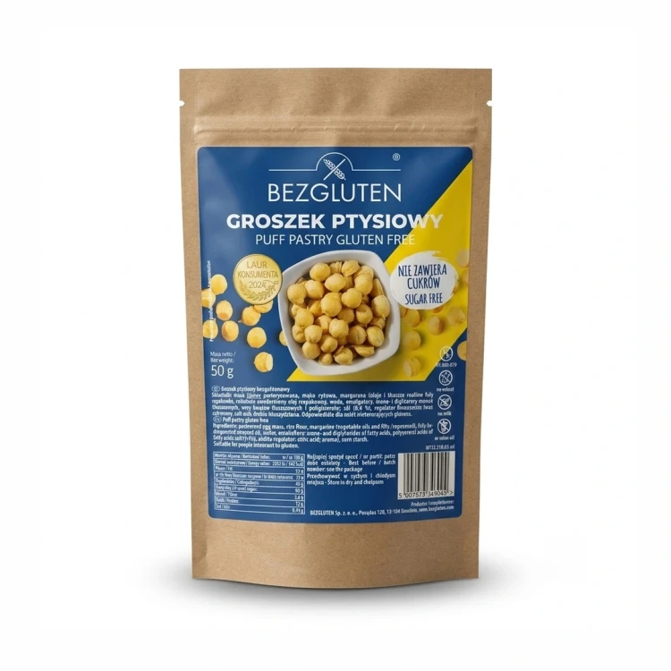 Groszek ptysiowy 50 g BEZGLUTEN — opakowanie, zdjęcie studyjne