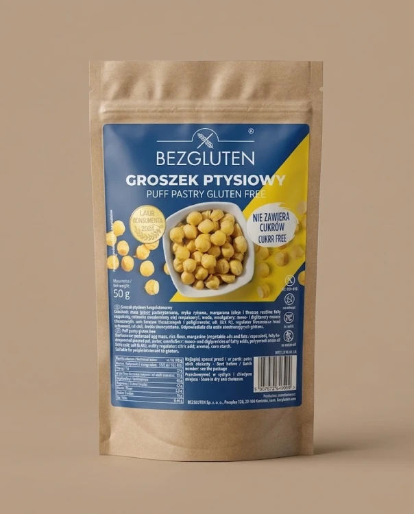 Groszek ptysiowy 50 g BEZGLUTEN — opakowanie na tle w kolorze produktu
