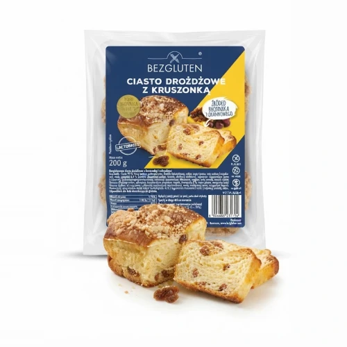 Ciasto drożdżowe z kruszonką i rodzynkami 200 g BEZGLUTEN — opakowanie i zawartość produktu