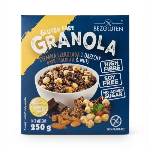 Granola gluten free ciemna czekolada i orzechy 250 g BEZGLUTEN — opakowanie, zdjęcie studyjne