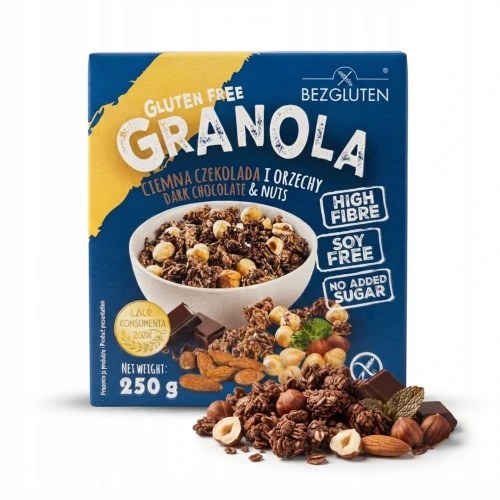 Granola gluten free ciemna czekolada i orzechy 250 g BEZGLUTEN — opakowanie i zawartość produktu