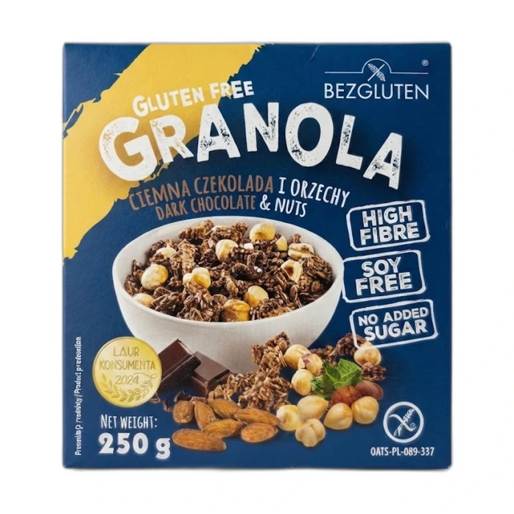Granola gluten free ciemna czekolada i orzechy 250 g BEZGLUTEN — opakowanie na białym tle