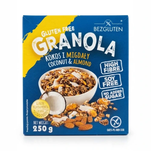 Granola gluten free kokos i migdał 250 g BEZGLUTEN — opakowanie, zdjęcie studyjne