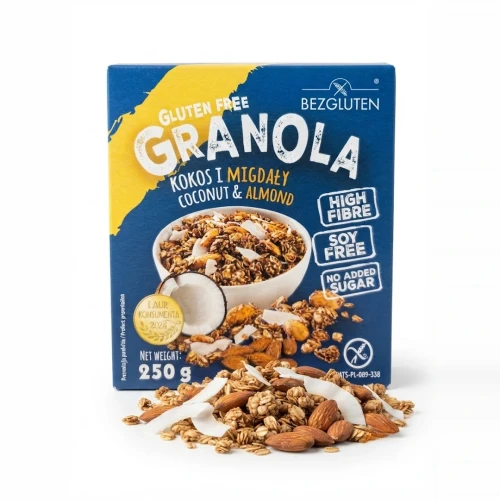 Granola gluten free kokos i migdał 250 g BEZGLUTEN — opakowanie i zawartość produktu