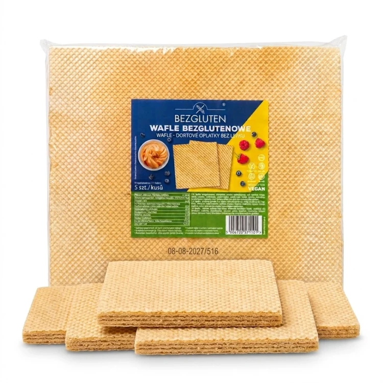 Wafle 5 szt. BEZGLUTEN — opakowanie na tle w kolorze produktu
