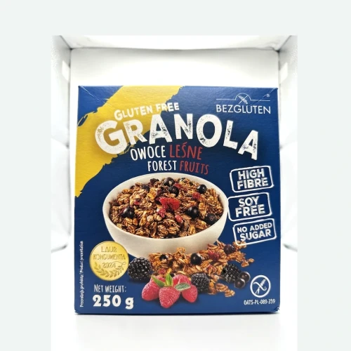 Granola gluten free owoce leśne 250 g BEZGLUTEN — opakowanie, zdjęcie studyjne