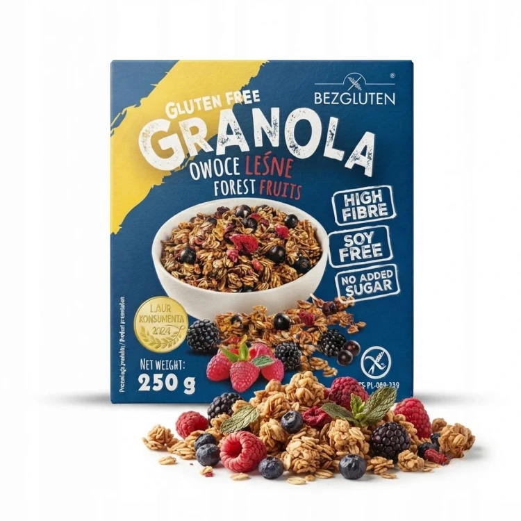 Granola gluten free owoce leśne 250 g BEZGLUTEN — opakowanie i zawartość produktu