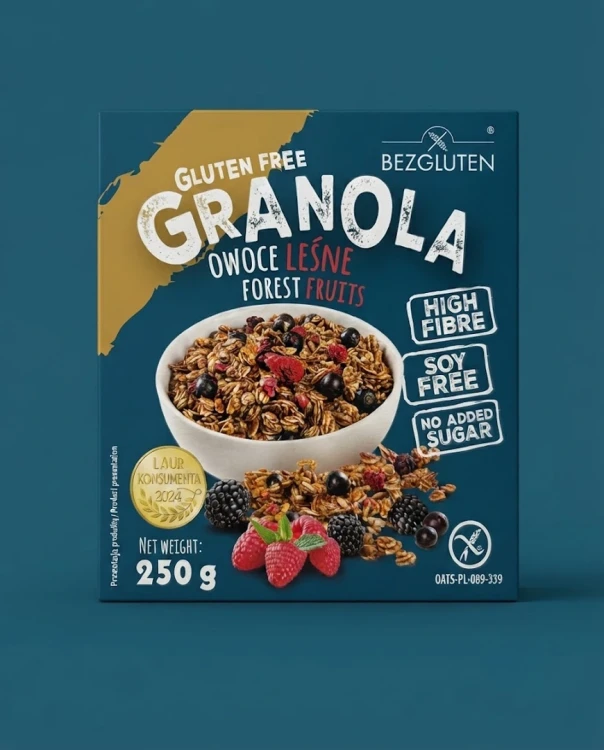 Granola gluten free owoce leśne 250 g BEZGLUTEN — opakowanie na tle w kolorze produktu