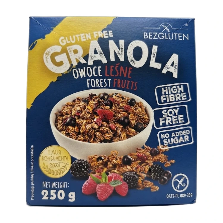 Granola gluten free owoce leśne 250 g BEZGLUTEN — opakowanie na białym tle