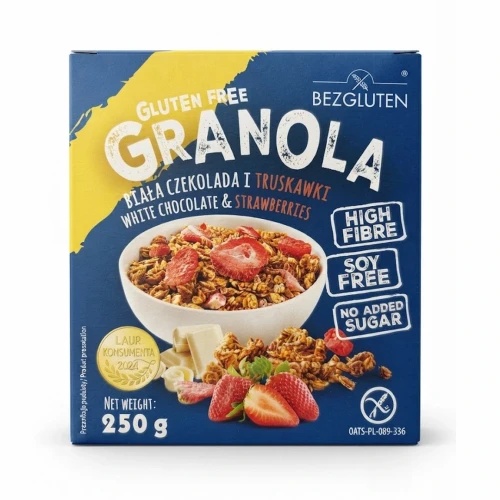 Granola gluten free biała czekolada i truskawki 250 g BEZGLUTEN — opakowanie, zdjęcie studyjne