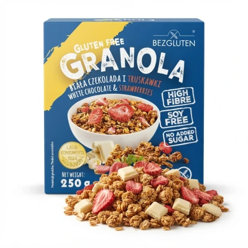 Granola gluten free biała czekolada i truskawki 250 g BEZGLUTEN — opakowanie i zawartość produktu
