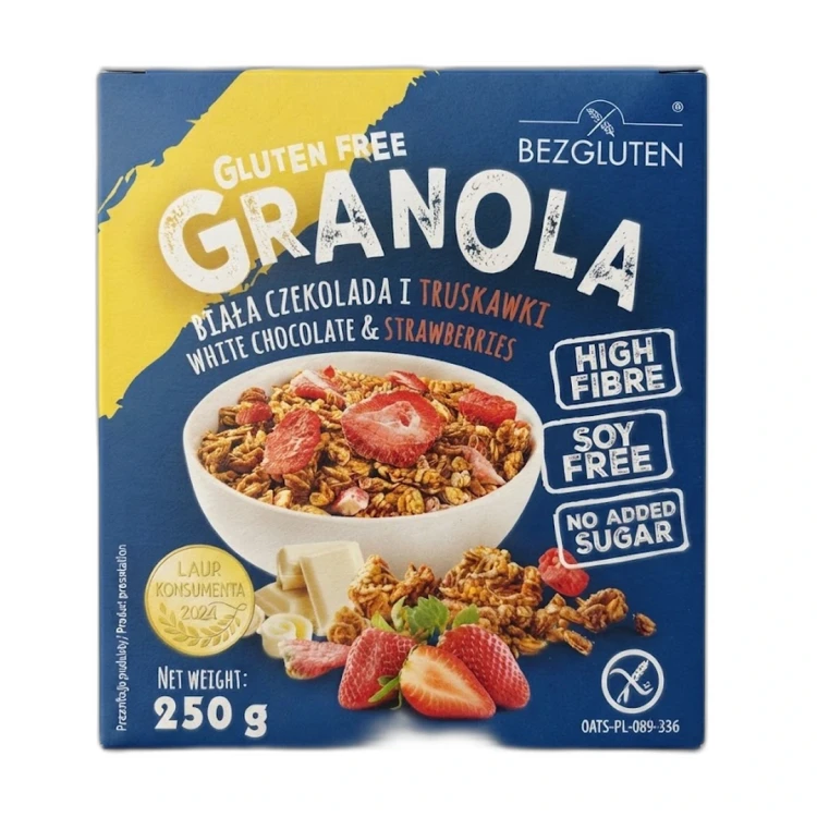 Granola gluten free biała czekolada i truskawki 250 g BEZGLUTEN — opakowanie na białym tle
