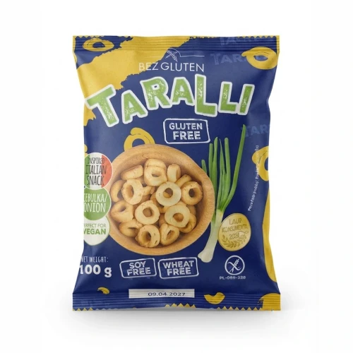 TARALLI CEBULKA / ONION 100 g BEZGLUTEN — opakowanie, zdjęcie studyjne