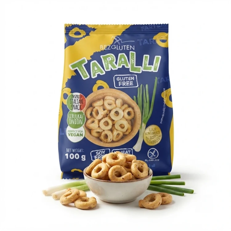 TARALLI CEBULKA / ONION 100 g BEZGLUTEN — opakowanie i zawartość produktu