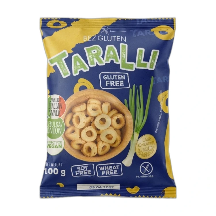 TARALLI CEBULKA / ONION 100 g BEZGLUTEN — opakowanie na białym tle