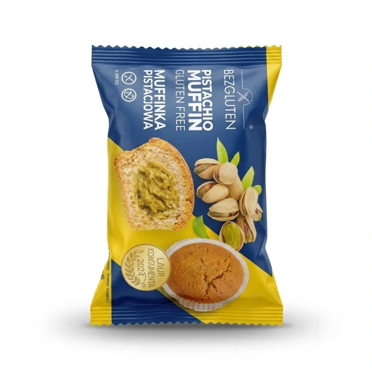 Muffinka pistacjowa 60 g — opakowanie, zdjęcie studyjne