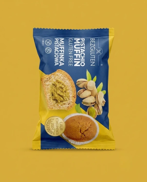 Muffinka pistacjowa 60 g — opakowanie na tle w kolorze produktu