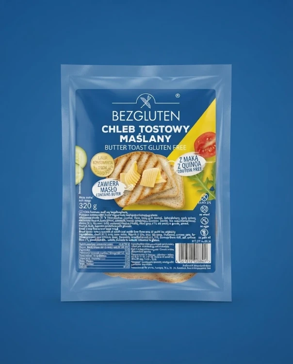 Chleb tostowy maślany bezglutenowy 320 g BEZGLUTEN — opakowanie na tle w kolorze produktu