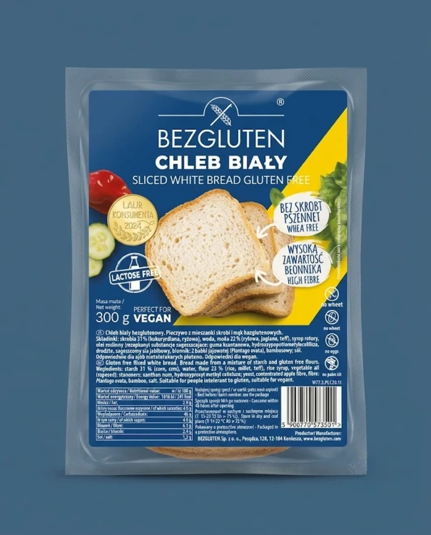 Chleb biały 300g BEZGLUTEN — opakowanie na tle w kolorze produktu
