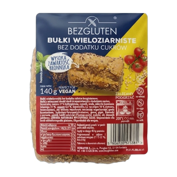 Bułki wieloziarniste 140 g BEZGLUTEN — opakowanie na białym tle