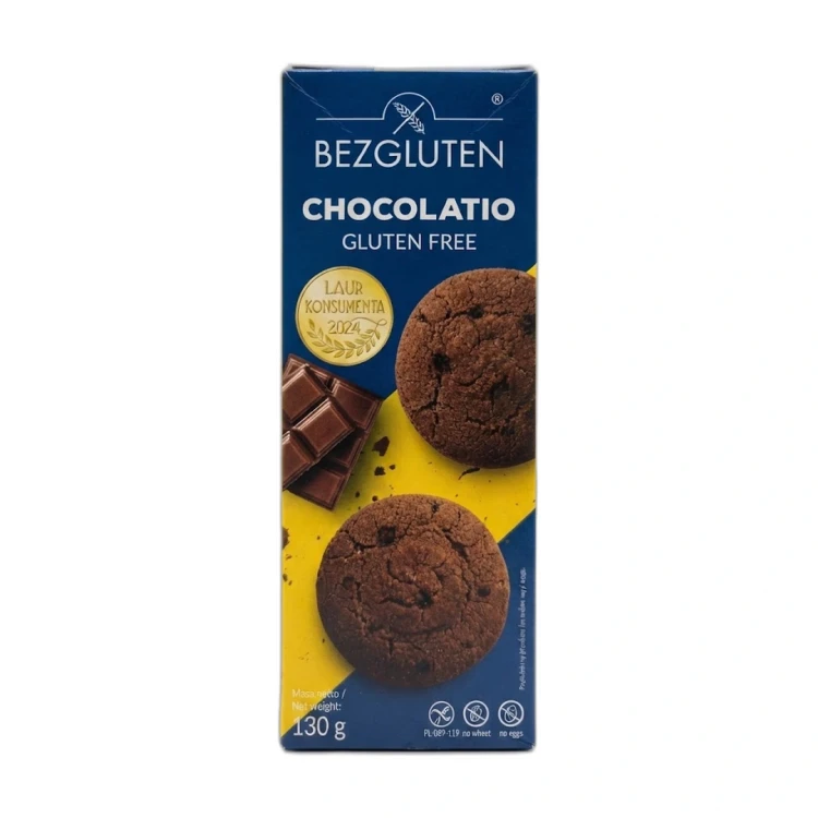 Chocolatio - czekoladowe ciastka bezglutenowe 130 g CHOCOLATIO — opakowanie na białym tle