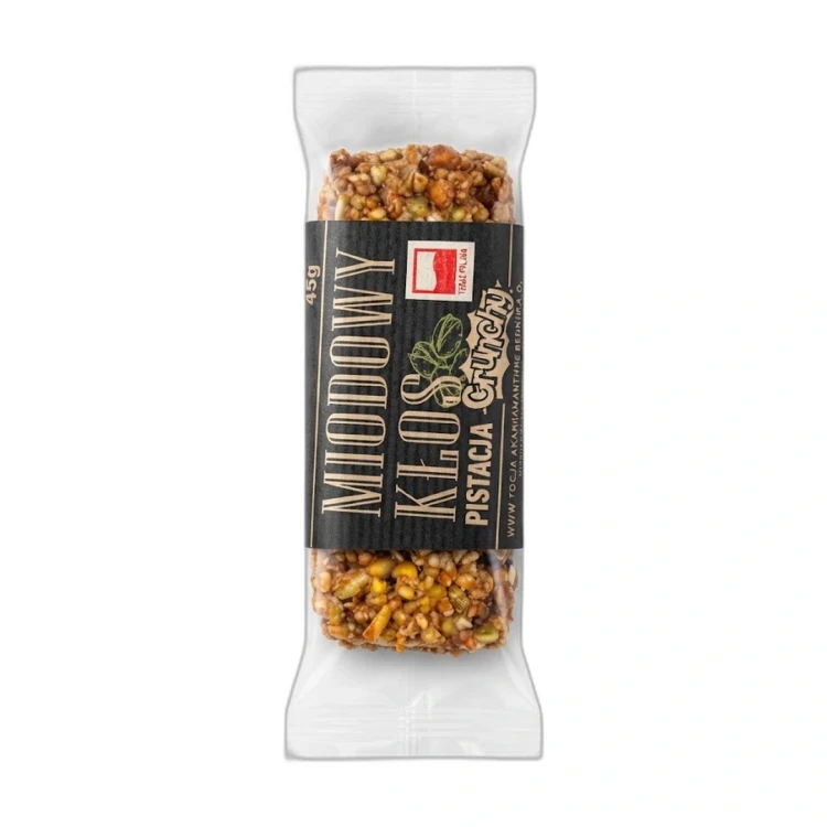 Baton z pistacjami, miodem i solą morską 45 g ŁYSOŃ — opakowanie na białym tle