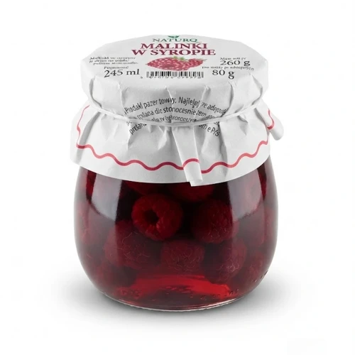 Malinki w syropie 260 g NATURO — opakowanie, zdjęcie studyjne
