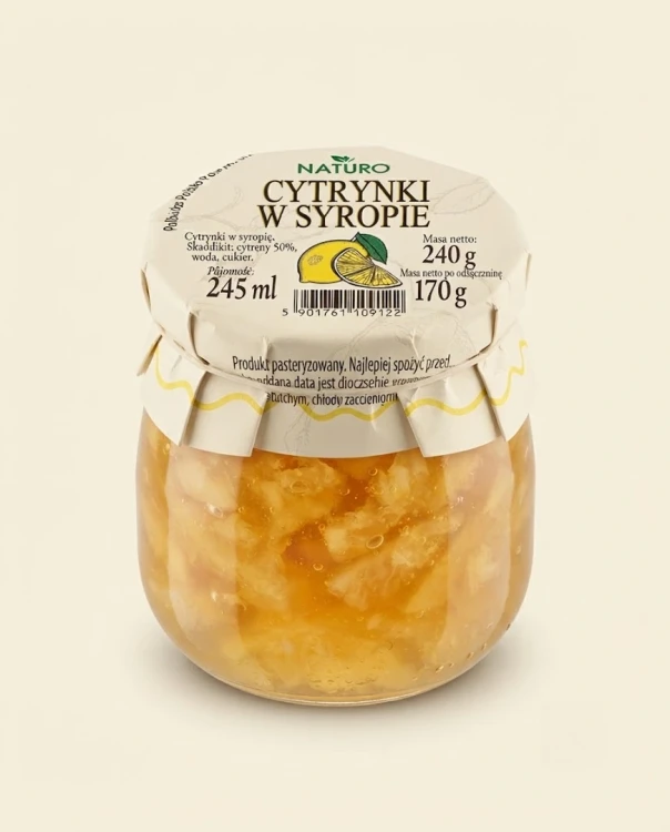 Cytrynki w syropie 240 g NATURO — opakowanie na tle w kolorze produktu