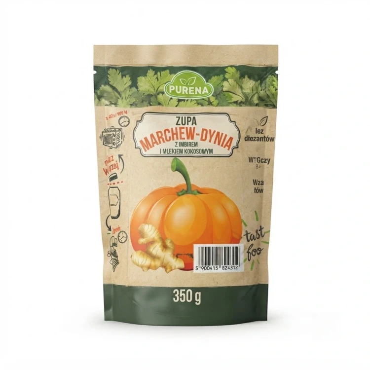 Zupa marchew-dynia z imbirem 350 g PURENA — opakowanie, zdjęcie studyjne