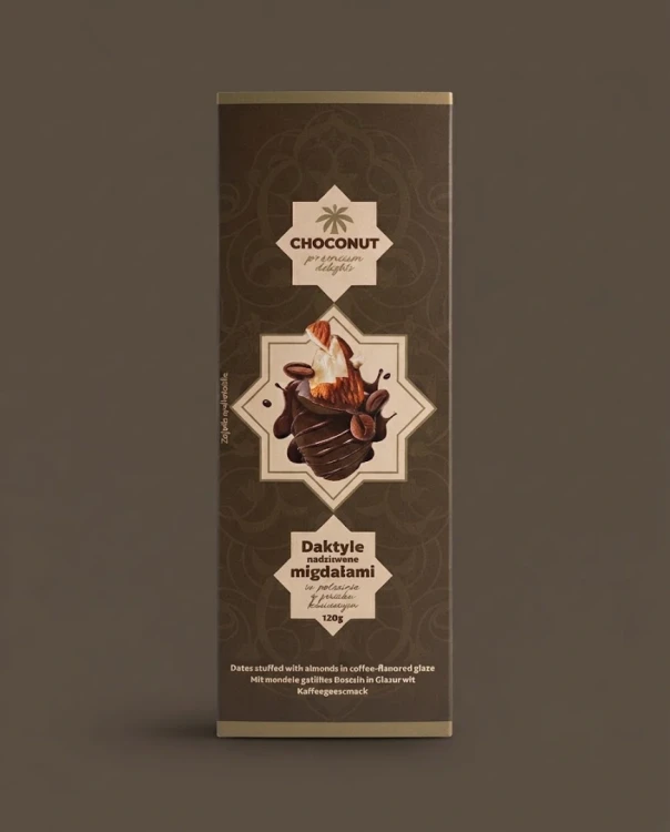 Daktyle nadziewane migdałami w polewie o smaku kawowym 120 g NUTIN — opakowanie na tle w kolorze produktu