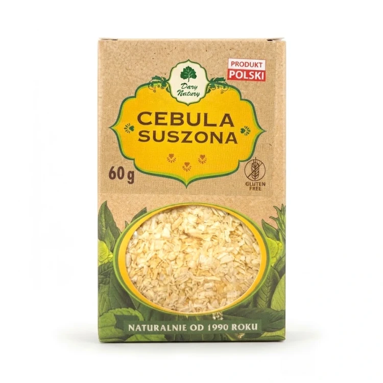 CEBULA SUSZONA 60 g Dary Natury — opakowanie, zdjęcie studyjne