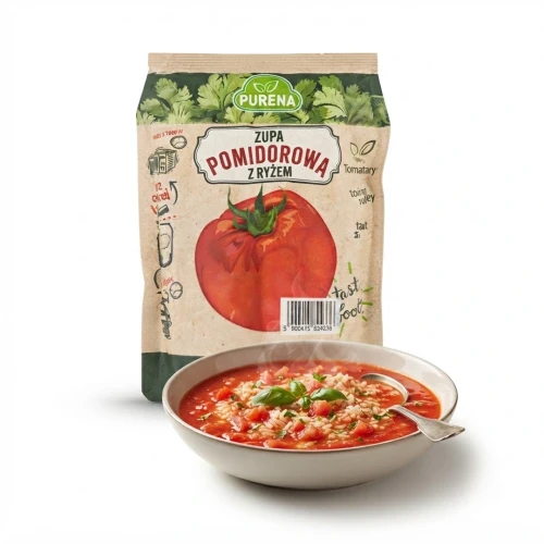 Zupa pomidorowa z ryżem 350 g PURE — opakowanie i zawartość produktu