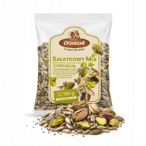 Sałatkowy mix z pistacją i nasionami chia 100 g Orzeszek — opakowanie i zawartość produktu