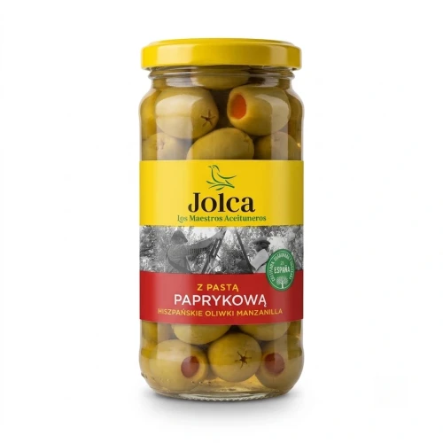 Oliwki Manzanilla z pastą paprikową 230g Jolca — opakowanie, zdjęcie studyjne