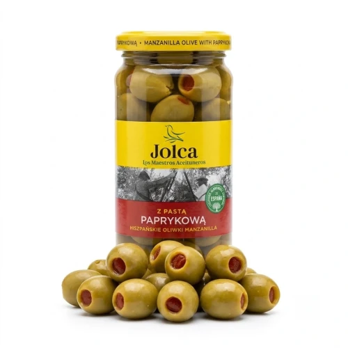 Oliwki Manzanilla z pastą paprikową 230g Jolca — opakowanie i zawartość produktu