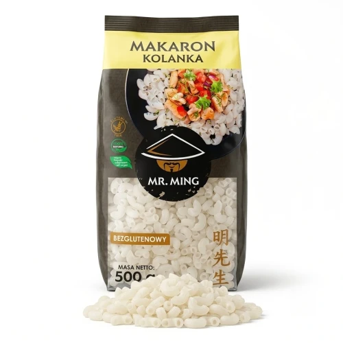 MAKARON RYŻOWY KOLANKA 500 g Mr. Ming — opakowanie i zawartość produktu