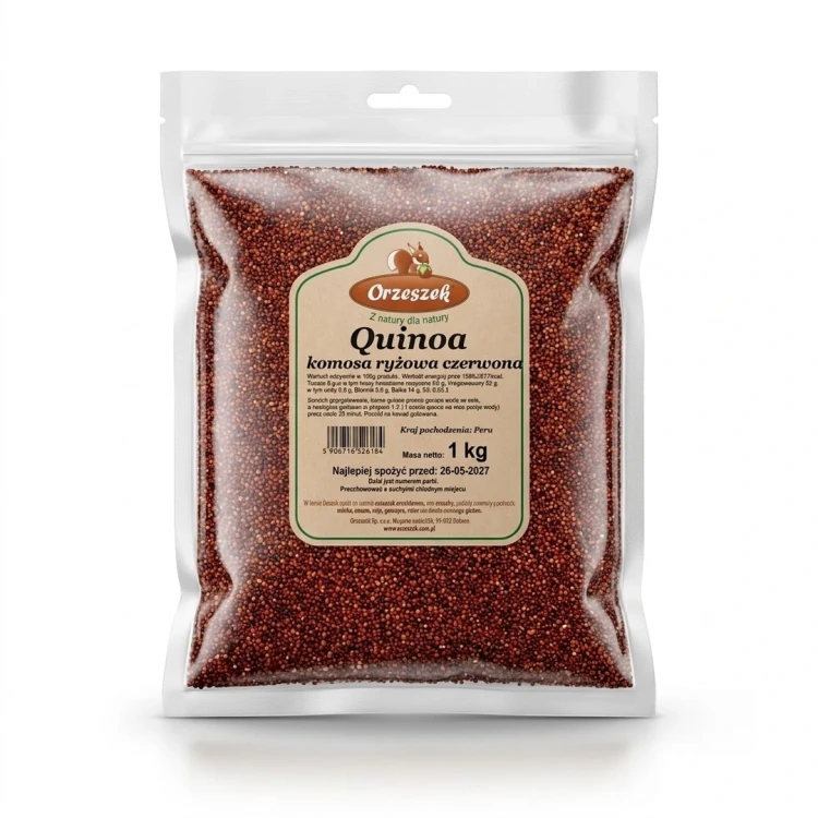 Quinoa komosa ryżowa czerwona 1 kg Orzeszek — opakowanie, zdjęcie studyjne