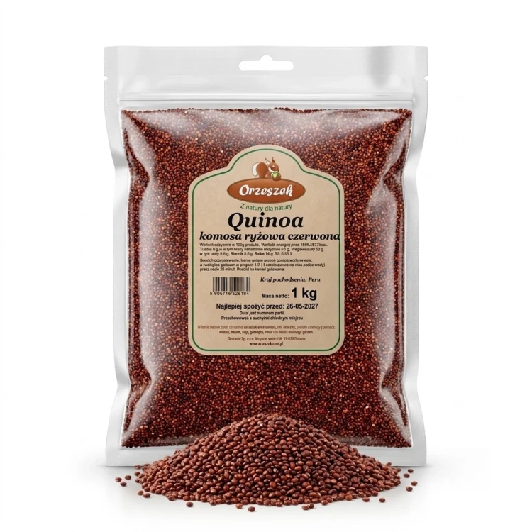 Quinoa komosa ryżowa czerwona 1 kg Orzeszek — opakowanie i zawartość produktu