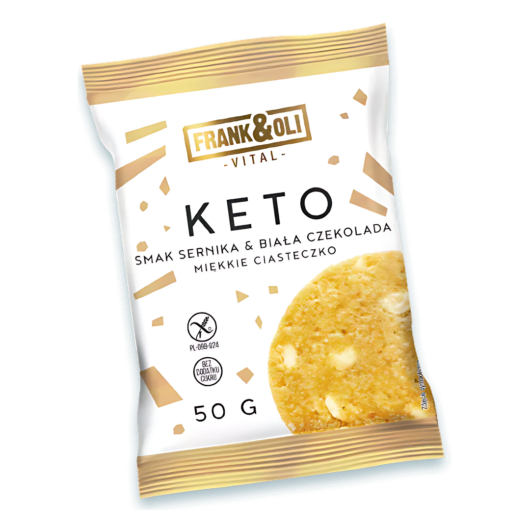 Miękkie ciasteczko z białą czekoladą o smaku sernika Keto 50g Frank&Oli Vital