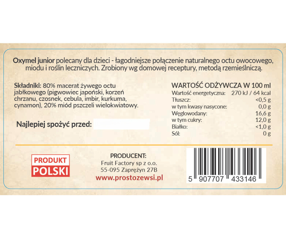 Żywy ocet z dodatkami dla dzieci Oxymel Junior 330 ml Prosto ze Wsi